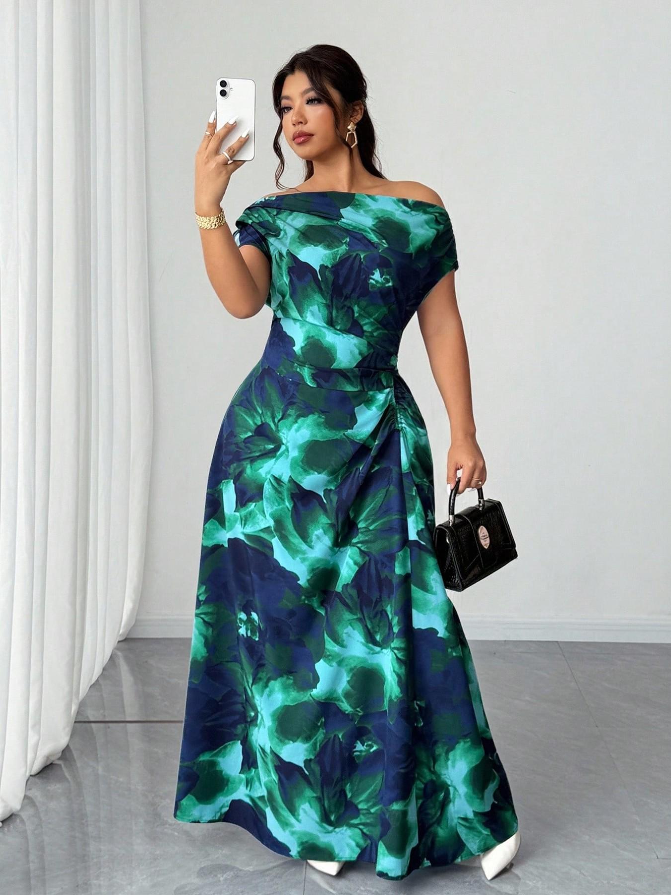 Midi Dress - Plus Size One-Shoulder Dress, Bold All-Over
